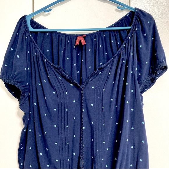 RED CAMEL Boho Bohemian Blue with Stars Ribbon Neckline Top Blouse Womens Large - Picture 5 of 14